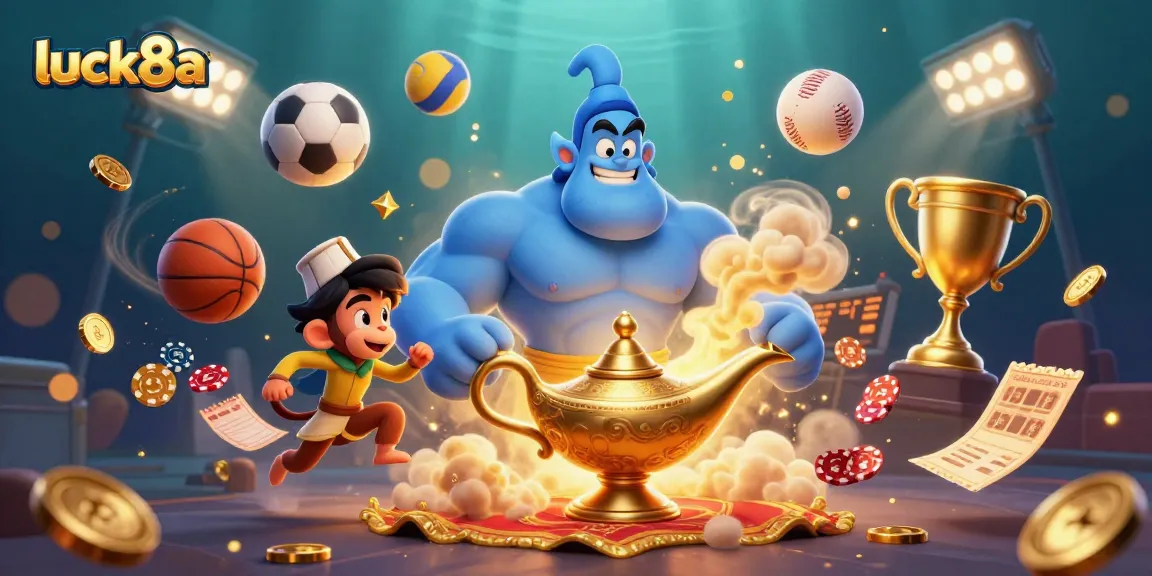 Engage with luck8a's thrilling 3D casino scene featuring a genie, monkey, and dynamic sports elements.