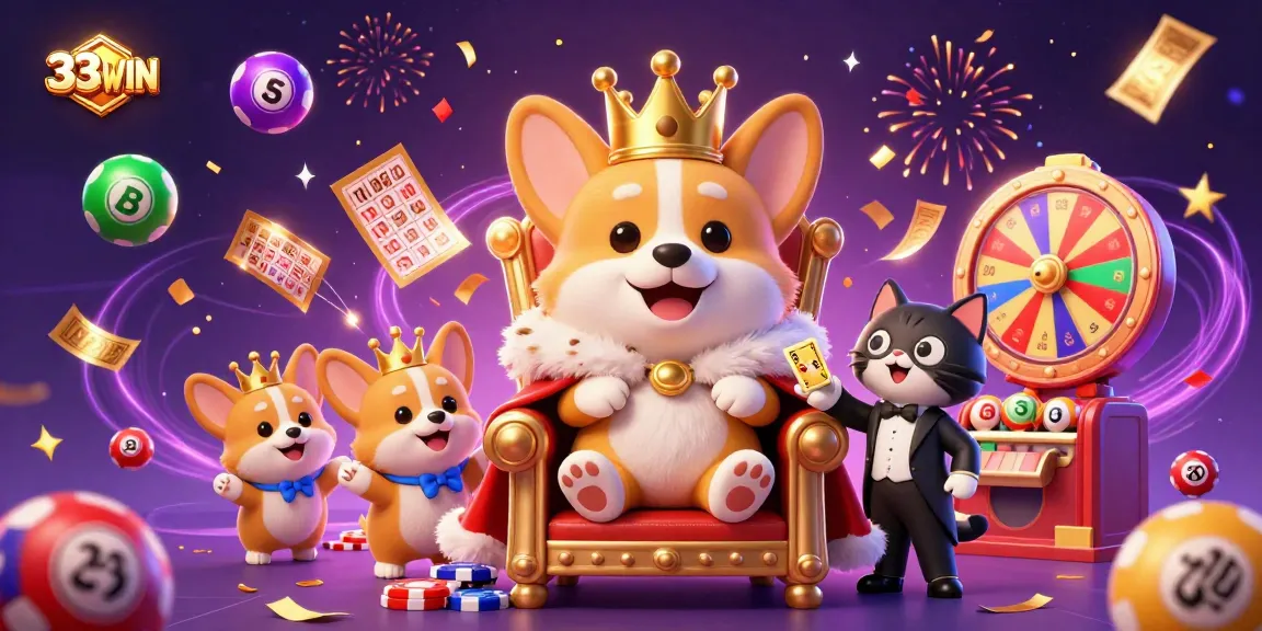 Immerse in the gambling magic at 33WIN with a royal corgi on a throne of poker chips.