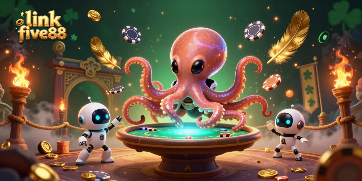 Engage with link five88 at a vibrant casino scene featuring a cartoon alien octopus and poker elements.