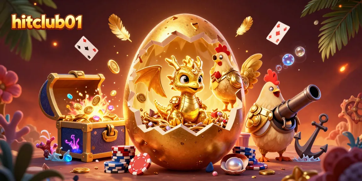 Experience excitement and charm at hitclub01 with a dazzling scene of a golden egg, dragon, and poker chips.