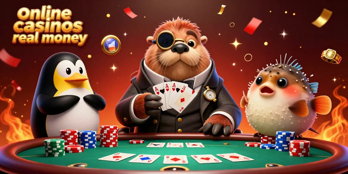 Engage in online casinos real money with a lively 3D illustration showcasing a walrus in poker attire bluffing at an underwater table.