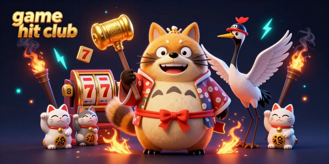 Engage in thrilling gaming action with bright elements from game hit club, featuring a cheerful tanuki and colorful maneki-neko.