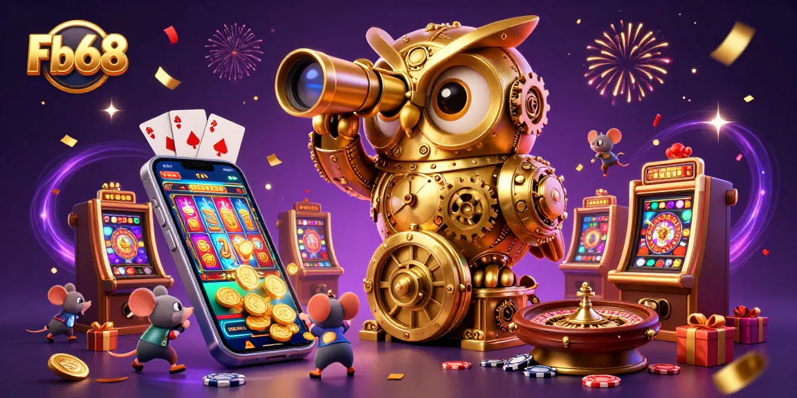 Experience thrilling gameplay at Fb68 with a dynamic casino scene featuring vibrant slot machines and magical elements.