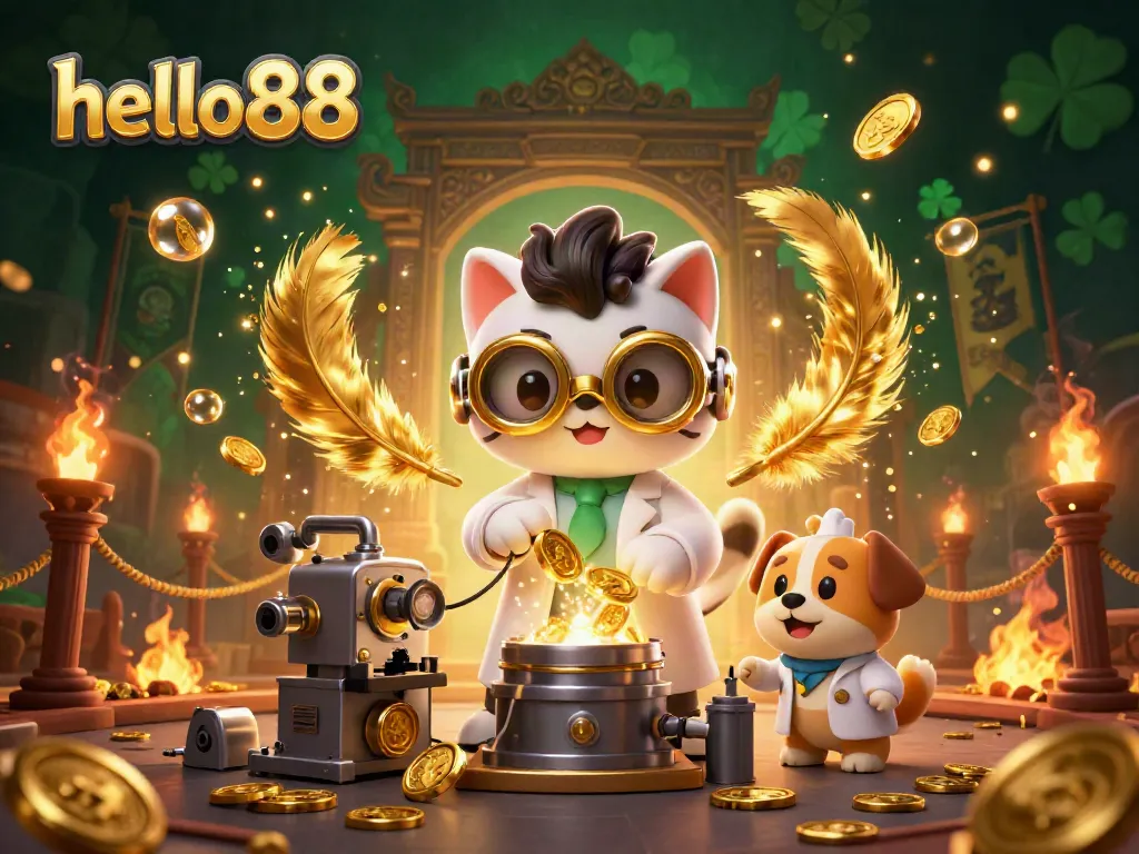 Engage with hello88's vibrant casino atmosphere, featuring animated characters dalam a thrilling gold-coin machine scene.
