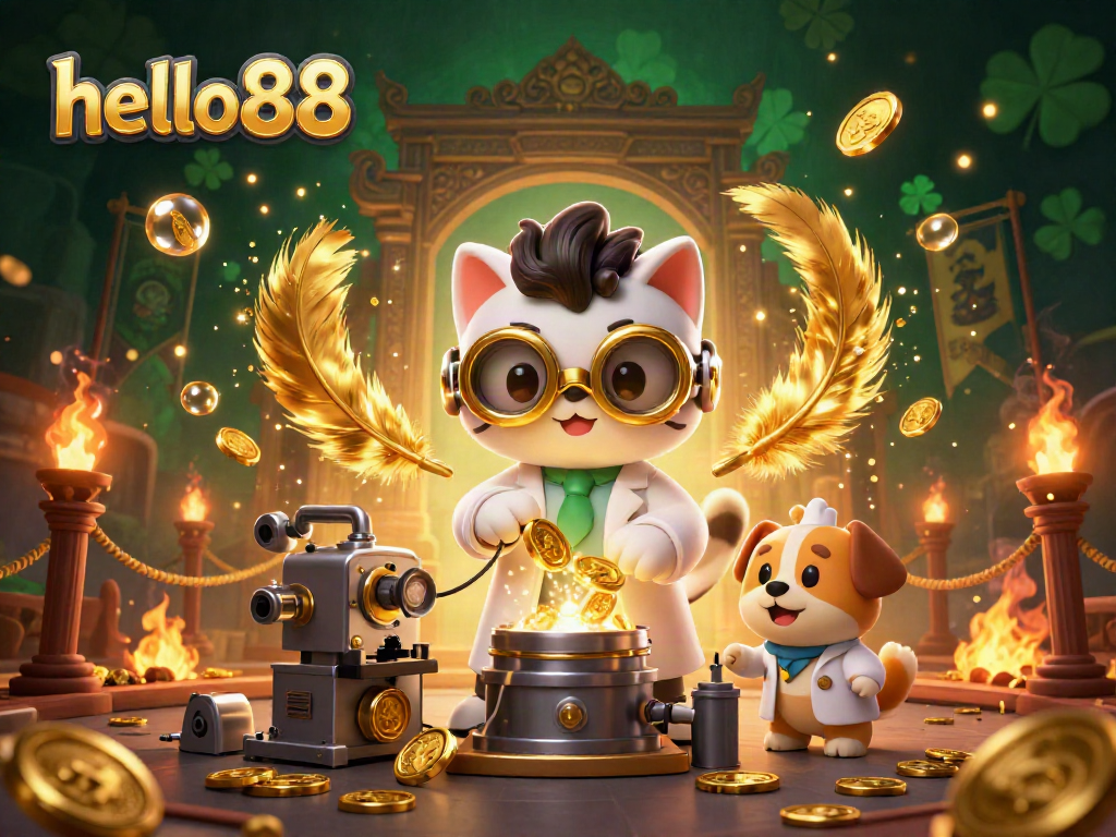 Engage with hello88's vibrant casino atmosphere, featuring animated characters dalam a thrilling gold-coin machine scene.