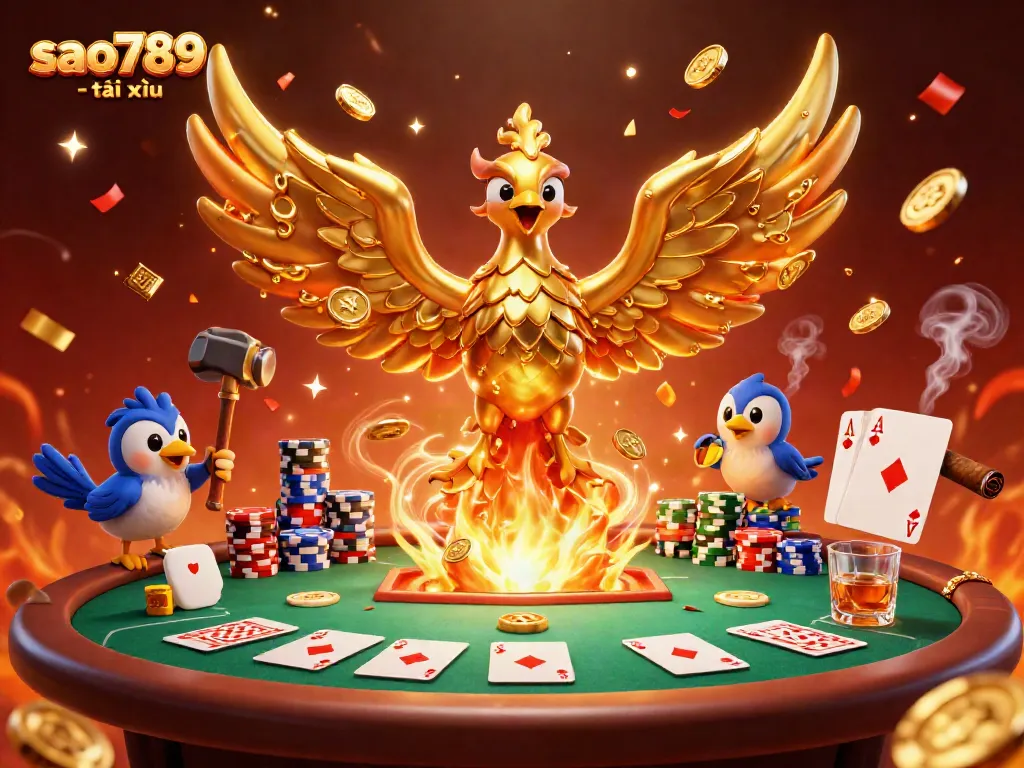 Engage in thrilling sao789 - tài xỉu action with a molten golden phoenix and poker excitement.