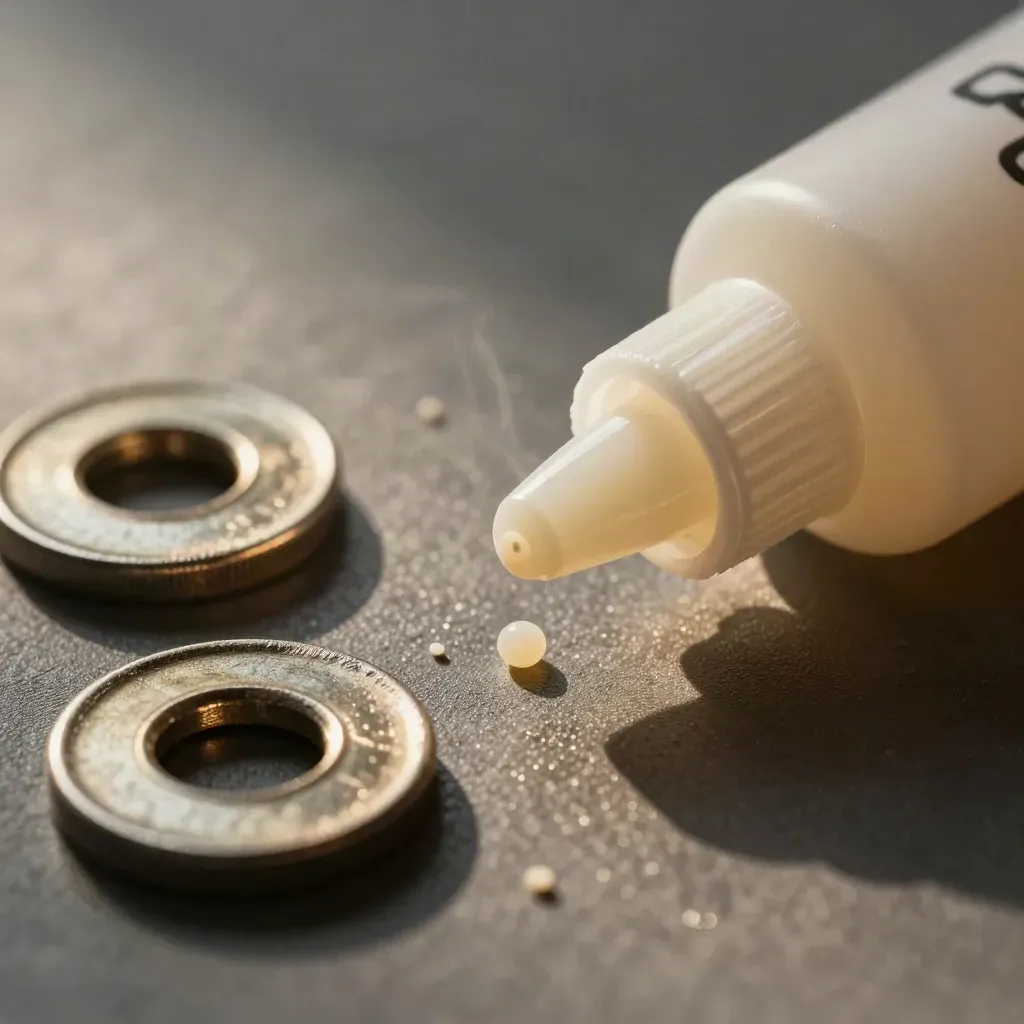 Macro of CA glue bottle, steel washers, and plastic offcuts on a graphite surface
