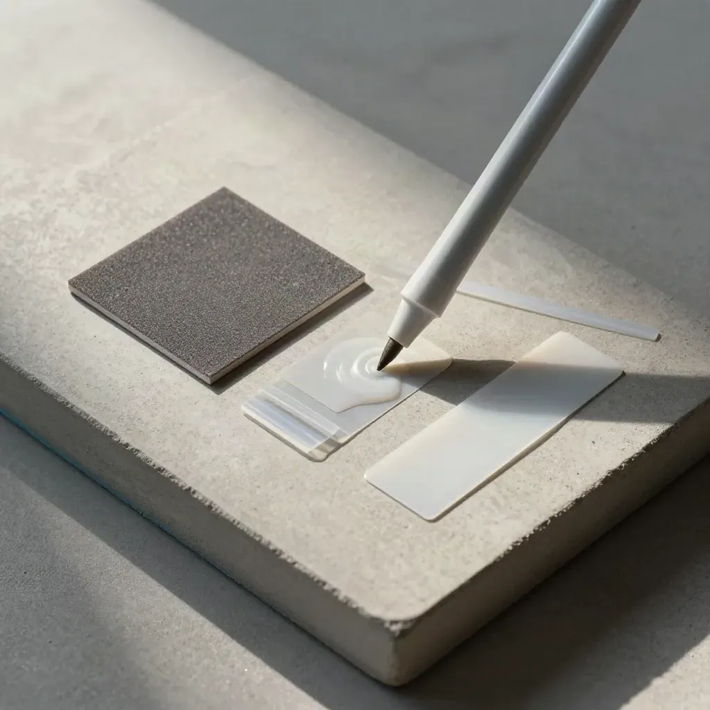 Overhead primer pen, sanding pad, tabs and test patch on cool concrete with misty workshop dust.