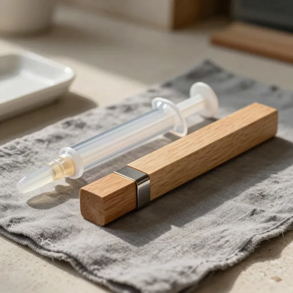 Epoxy syringes bonding maple and steel with oak offcuts on linen