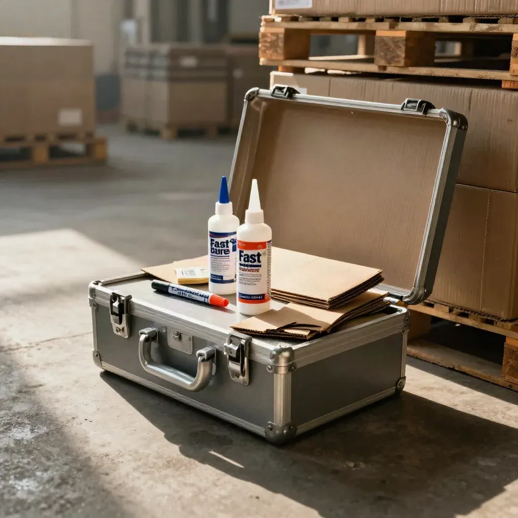 Bulk adhesive case rolling through a warehouse with primer pen and dolly wheel.