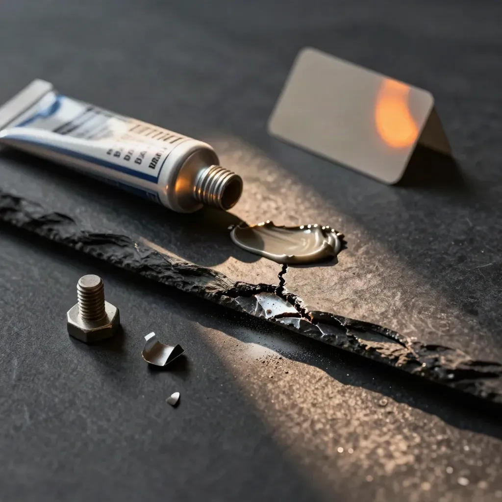 Metal repair putty tub with bolt shavings and a crack-filling smear on dark slate.