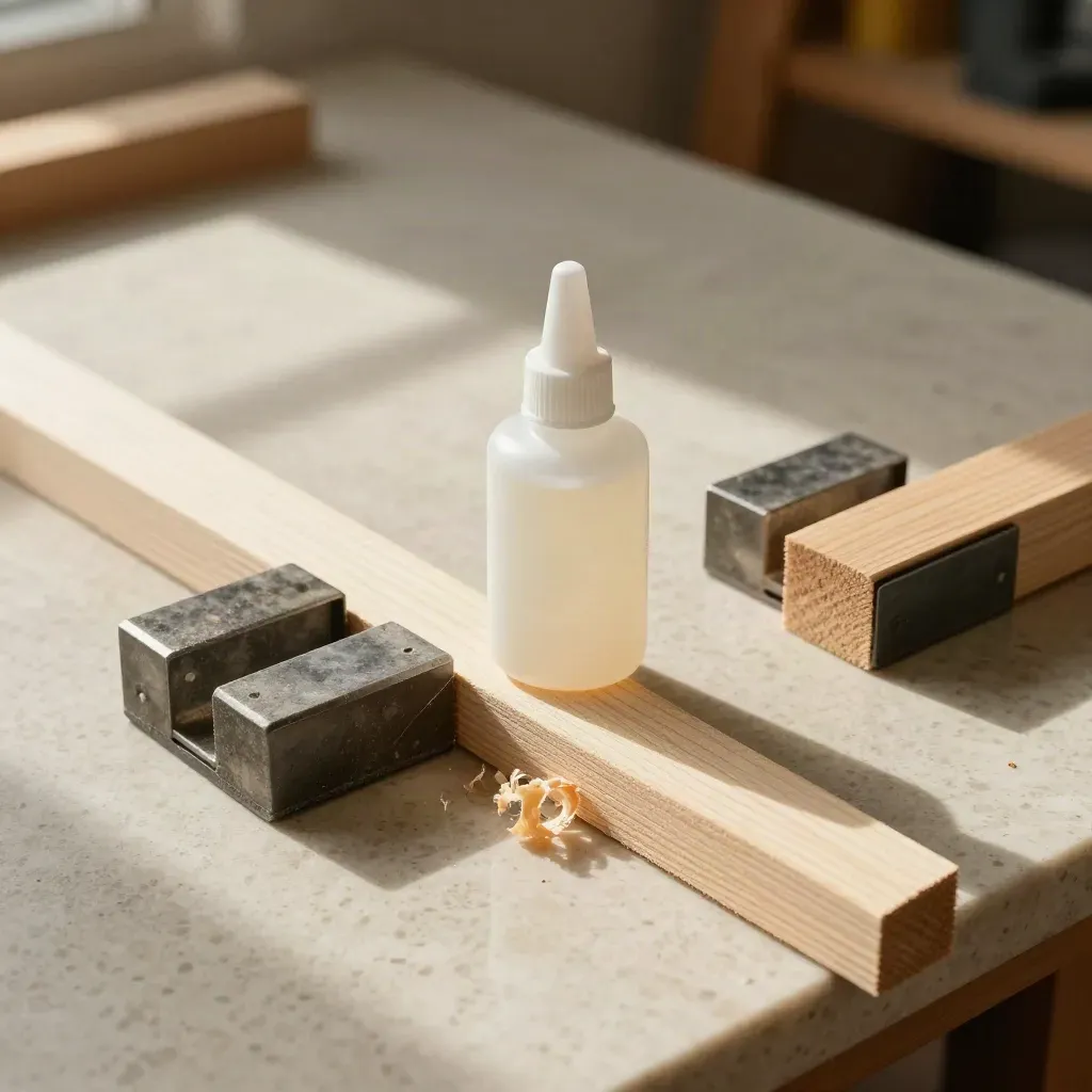 Wood glue bottle with maple offcuts and sawdust on travertine, lit warmly from the side.