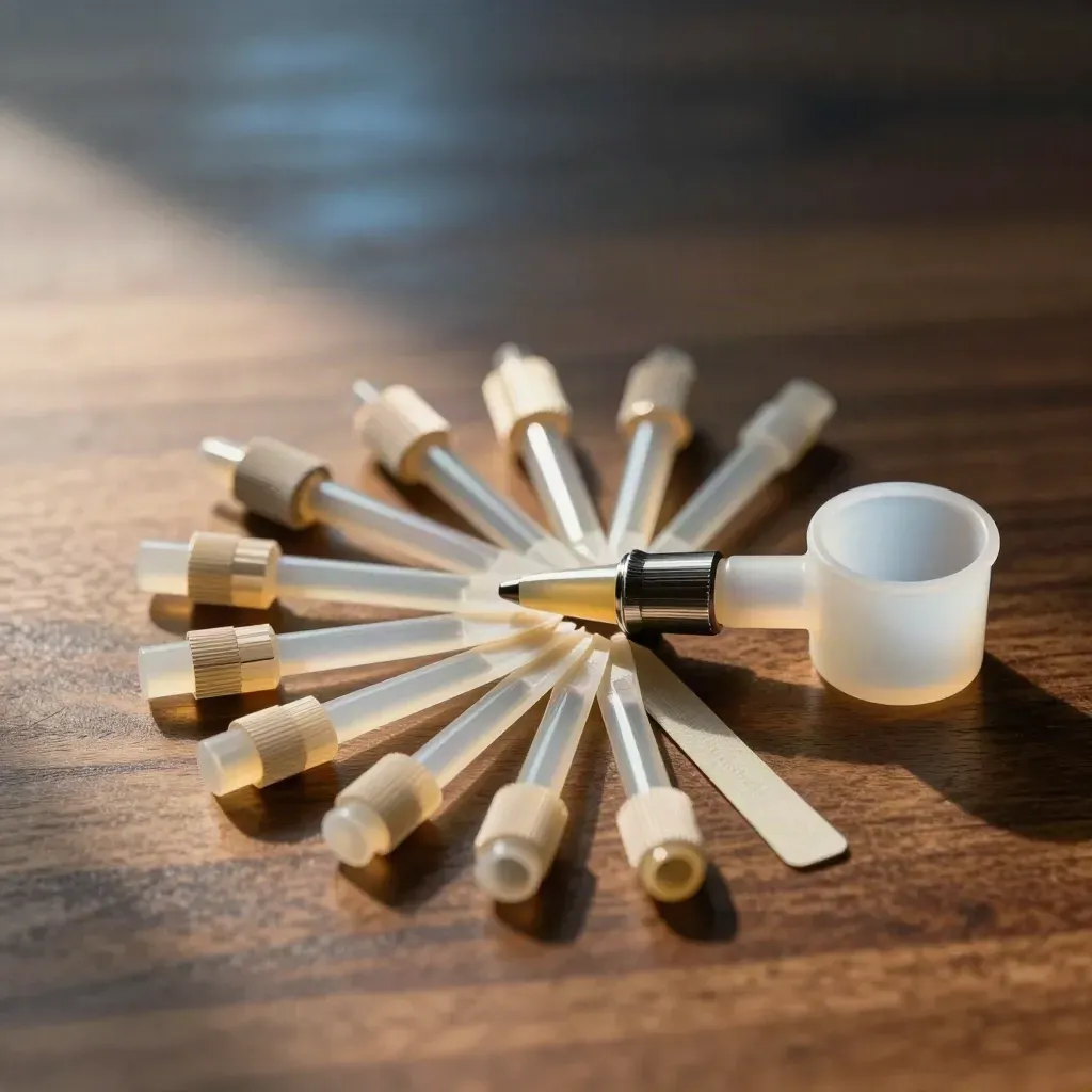 Applicator nozzle set with precision tips, collars and mixing cup on walnut surface in soft studio light.