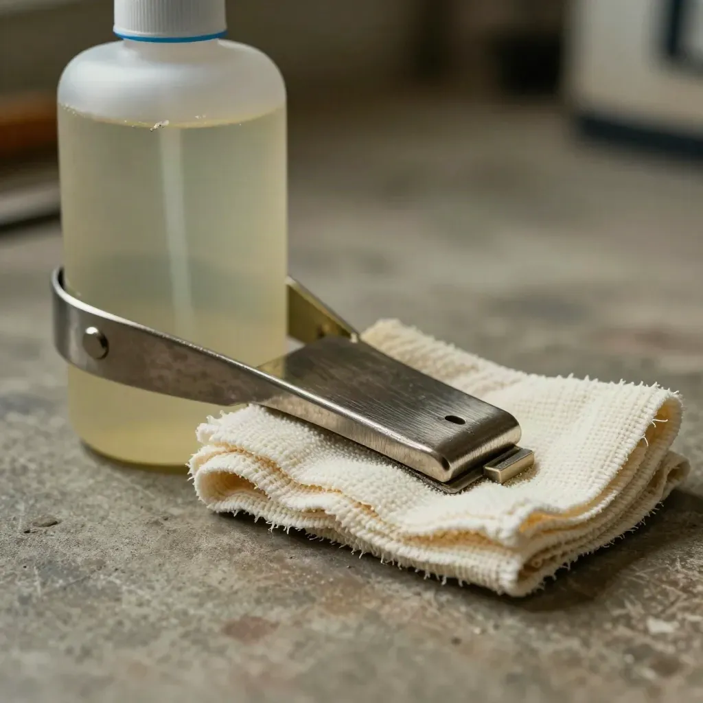 Cleaner bottle wipes oil from a metal bracket beside a cloth and dusty plastic tab.