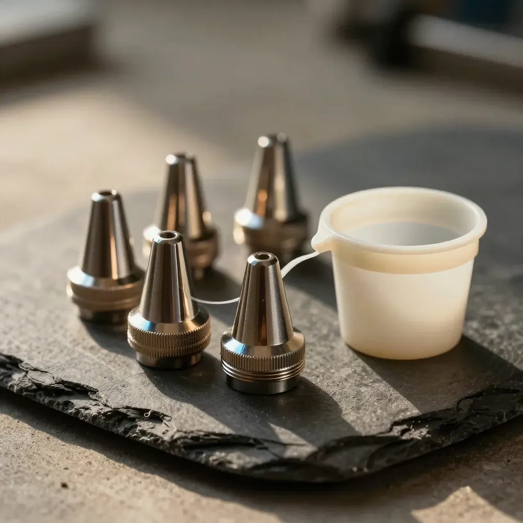 Macro of precision nozzle tips and adapter collars fanned on dark slate with a tiny mixing cup.