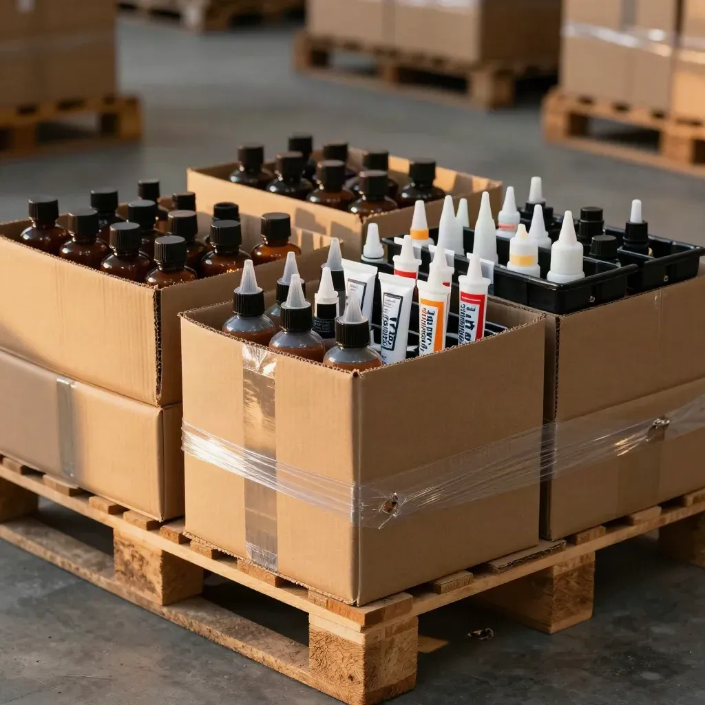 Open cartons of epoxy, CA glue and primer on pallets in a bright industrial warehouse display.