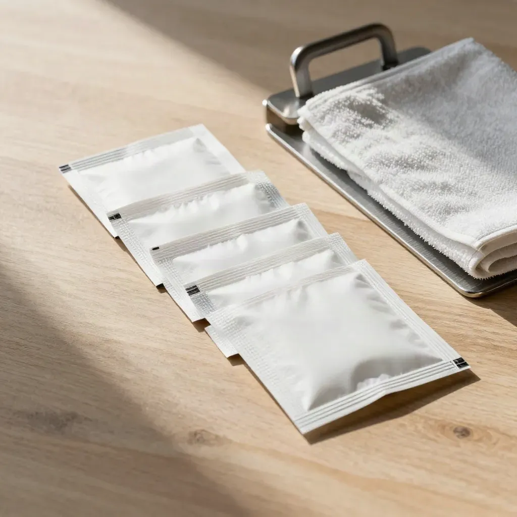 Overhead flatlay of white prep wipe sachets, folded cloth and brushed metal bracket on pale oak.