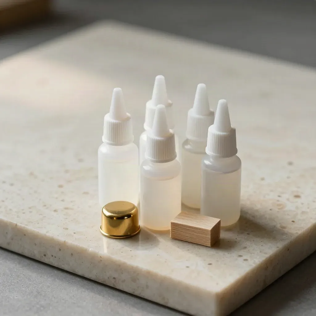 Five glue bottles fanned around a brass cap with maple offcuts on travertine.