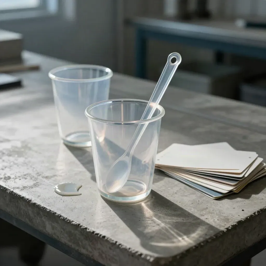 Translucent mixing cups, stir paddles, and tint swatches on a concrete workbench.