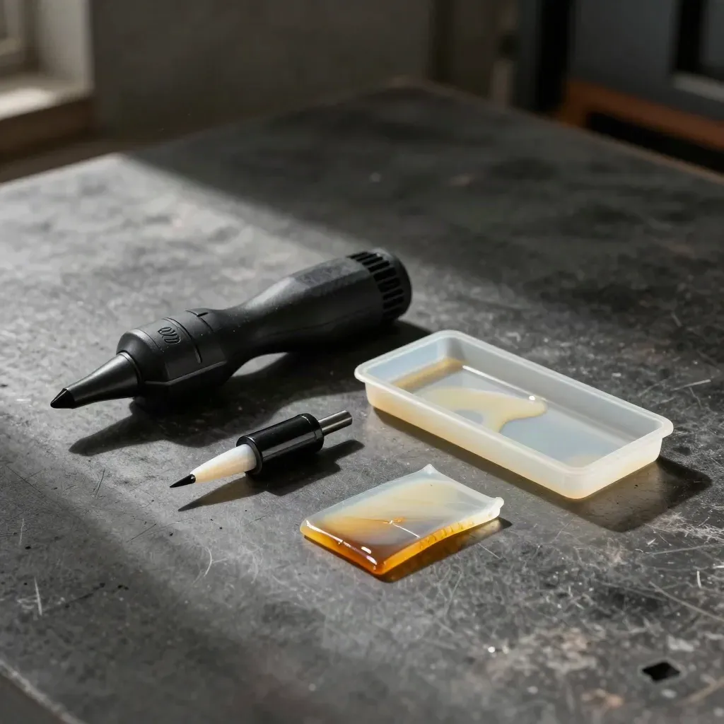 Pro bond repair kit components beside a cured epoxy seam on a workbench