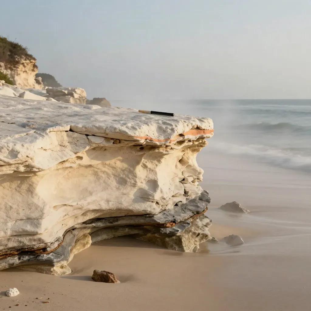 Sea-worn limestone ledge with a primer applicator above calm misty sand and surf