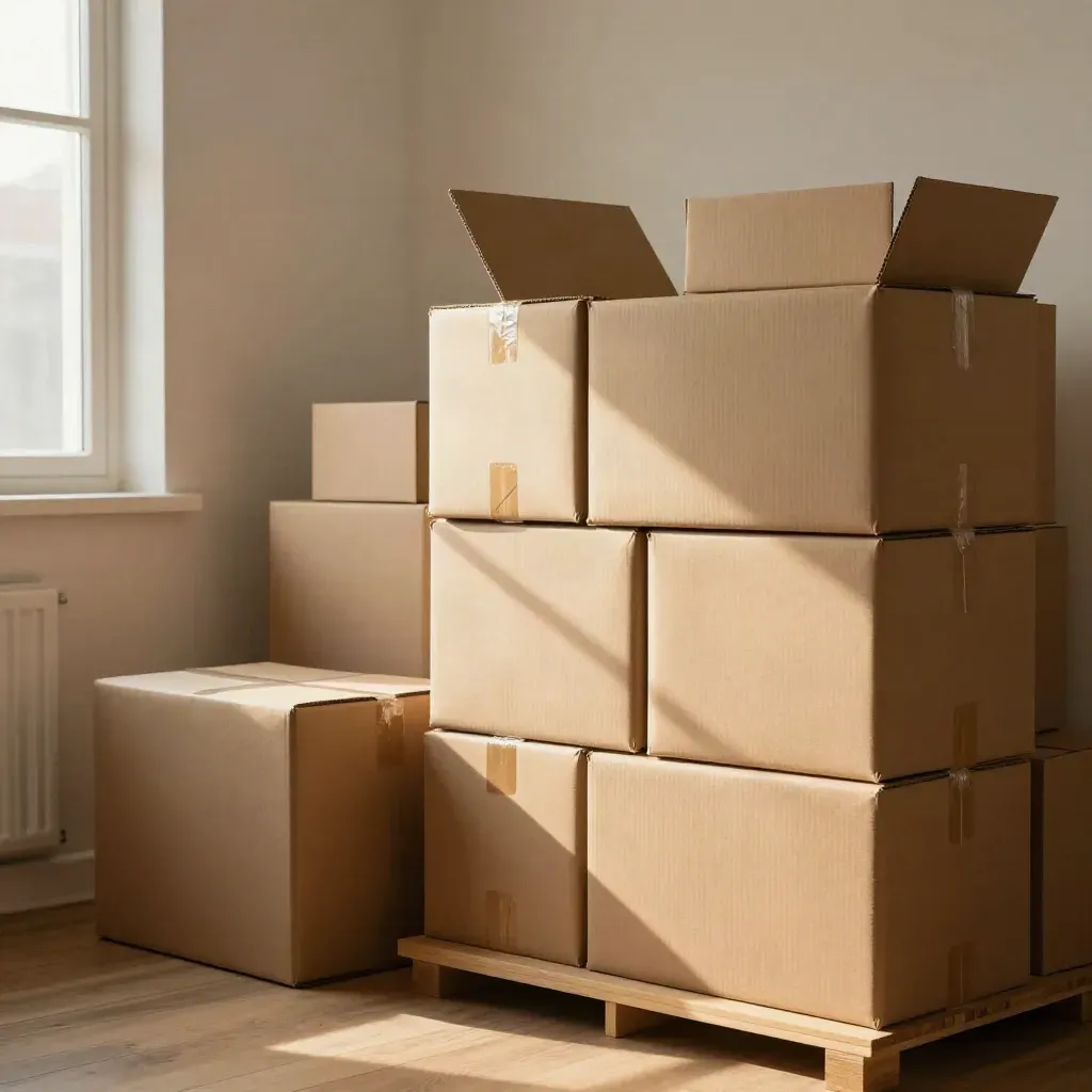 Bulk adhesive cartons and shipping bundles in a warm oak packing room with morning light.