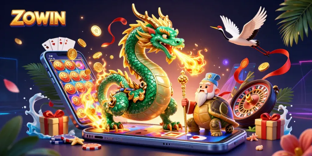 ZOWIN presents a vibrant 3D illustration featuring a jade dragon and dynamic gaming elements for players seeking luck.