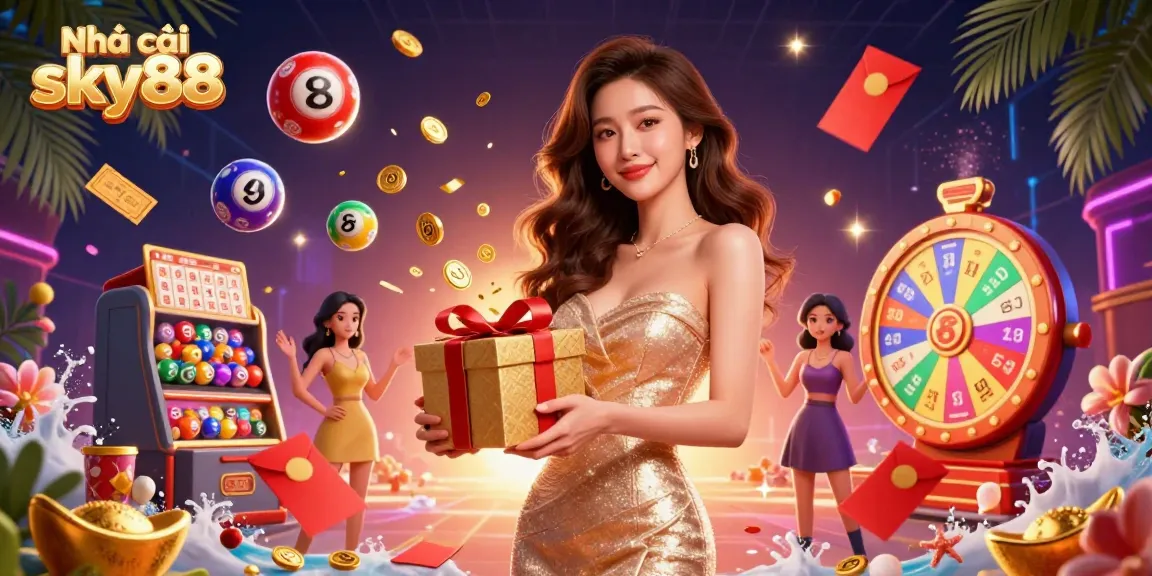 Experience the vibrant world of Nhà cái sky88 with a 3D illustration showcasing a welcoming character surrounded by golden coins and festive elements.