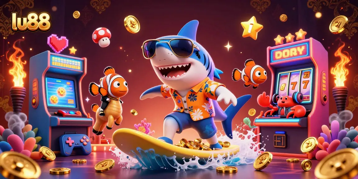 lu88 showcases a vibrant, immersive casino scene with a shark, clownfish, and DJ engaged in thrilling gaming