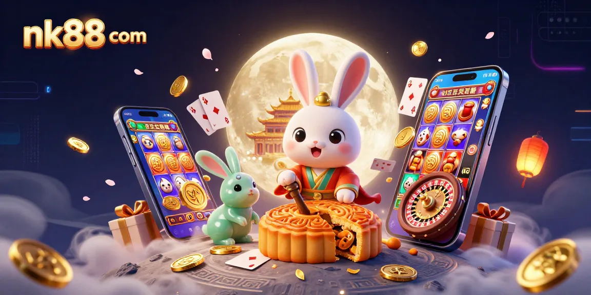 Spin and win at nk88 com with a vibrant scene of a moon rabbit and casino games.