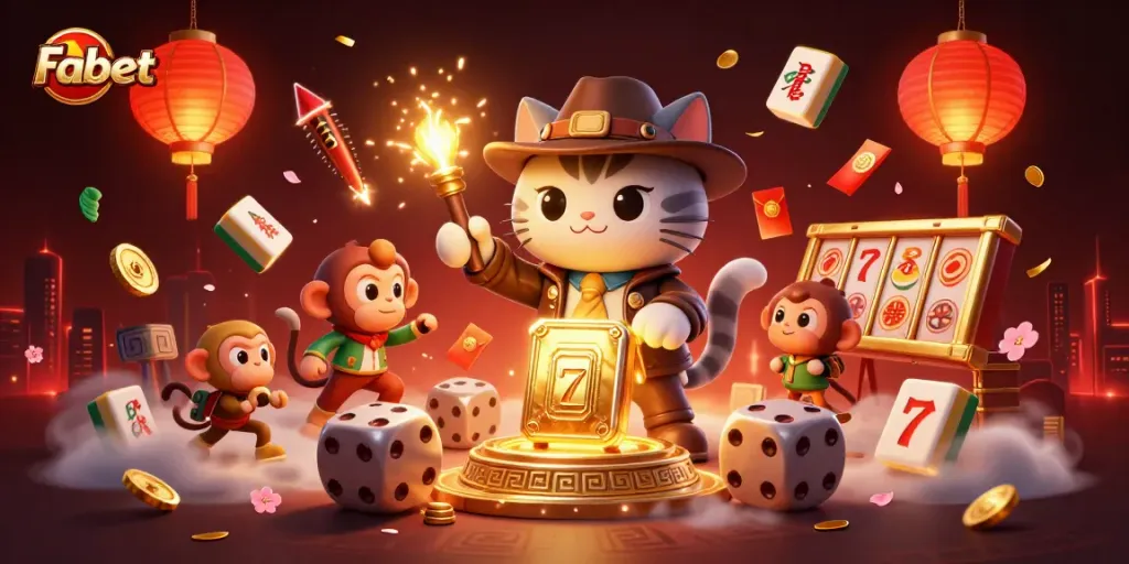 Engage in exhilarating casino adventures with Fabet featuring a 3D explorer cat and lucky symbols.