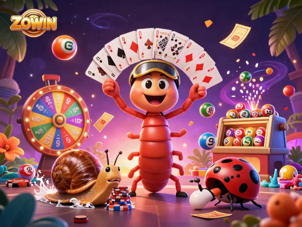 ZOWIN's vibrant cartoon casino scene showcases a millipede dealer, colorful balls, and prizes flying dynamically.