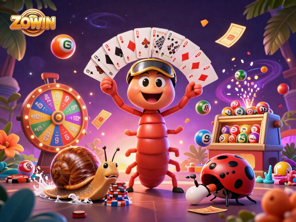 ZOWIN's vibrant cartoon casino scene showcases a millipede dealer, colorful balls, and prizes flying dynamically.