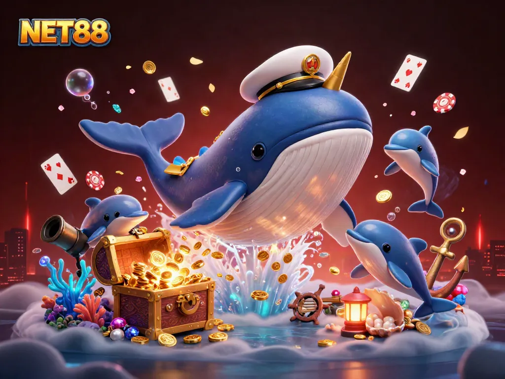 Experience the thrill of NET88 with a vibrant 3D cartoon scene showcasing a whale, narwhal, and dolphins surrounded by coins and cards.