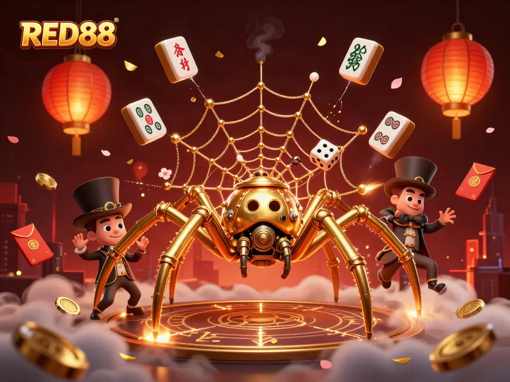Join the excitement at RED88 with a vibrant, dynamic 3D casino scene featuring steampunk characters and magical elements.