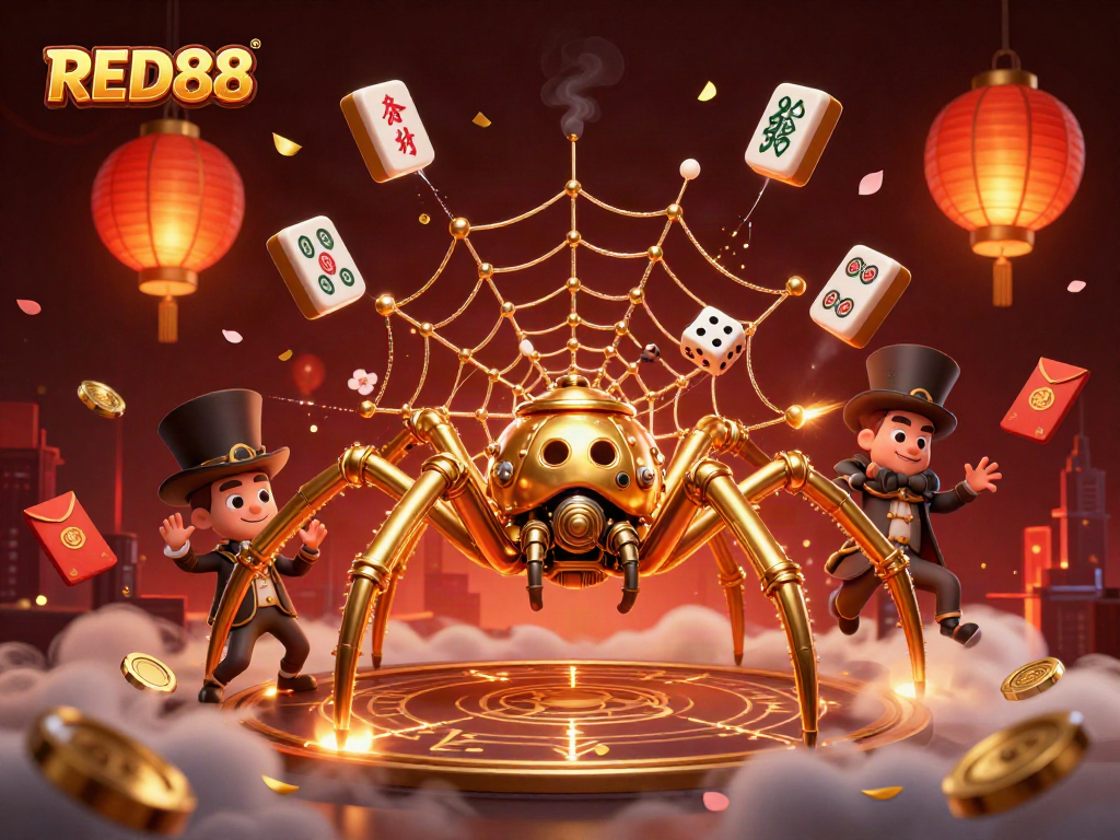 Join the excitement at RED88 with a vibrant, dynamic 3D casino scene featuring steampunk characters and magical elements.