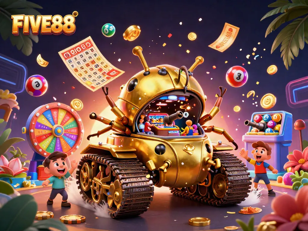 Spin the winnings at the FIVE88 casino with dynamic lottery balls and vibrant gaming elements!