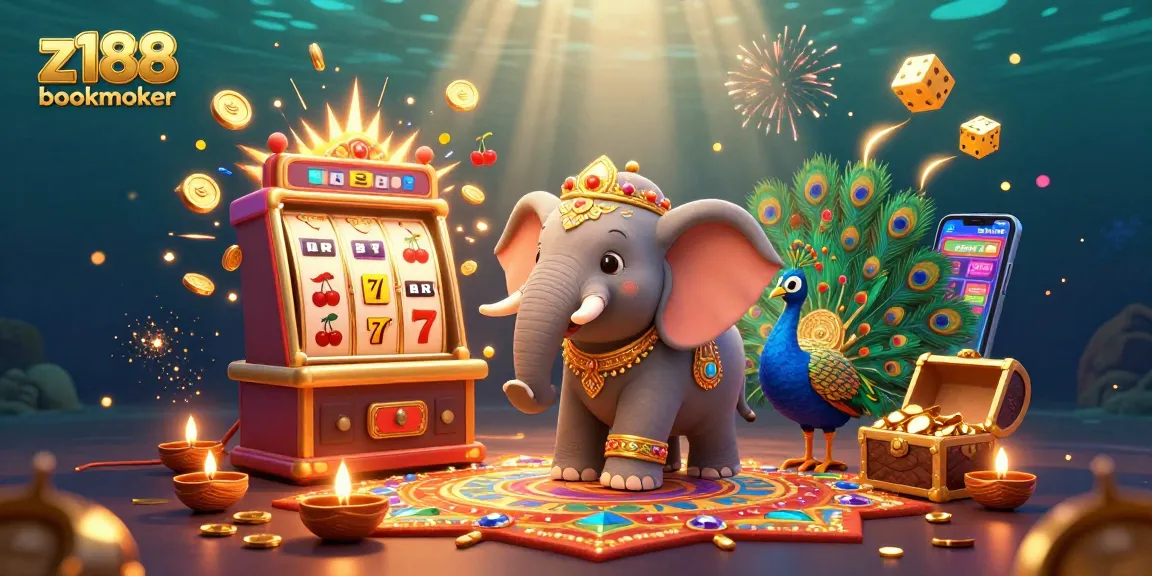 Experience the thrill of z188 bookmaker with vibrant 3D casino elements, including a jackpot slot machine and festive characters.
