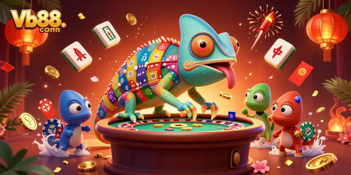 Experience the excitement at Vb88. com, featuring a vibrant chameleon casino owner amidst dynamic gaming elements.