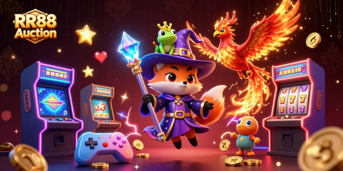 Experience the vibrant RR88 Auction with a mystical fox and phoenix in action-filled casino illustration.