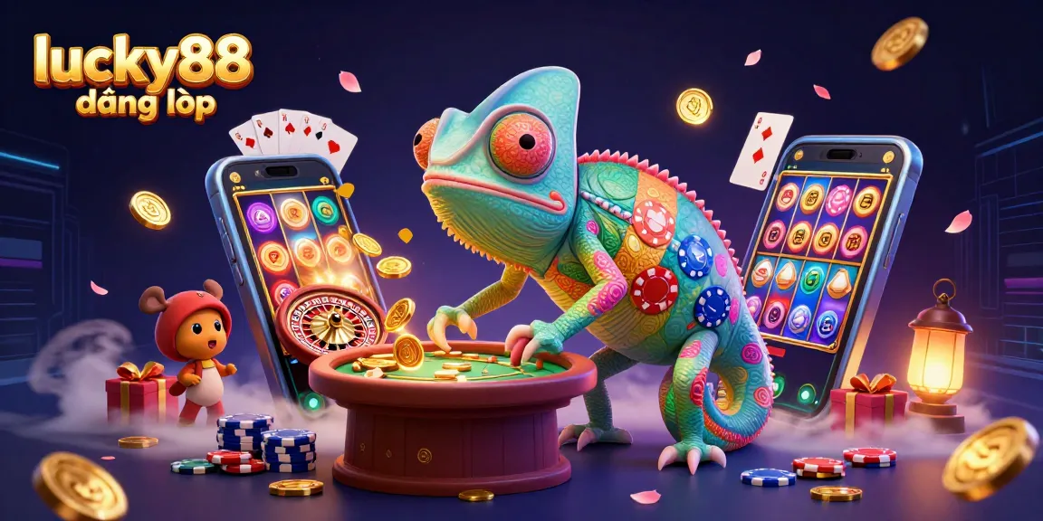 Engage in thrilling gameplay with lucky88 đăng nhập, featuring dynamic casino scenes with chameleon characters.