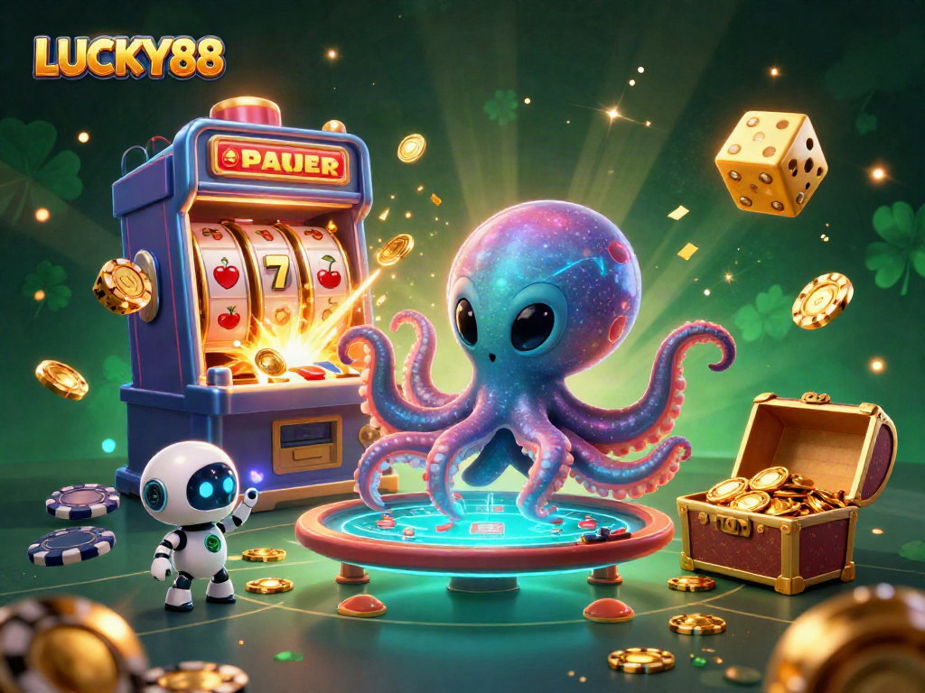 Experience thrilling gameplay with LUCKY88 as the alien octopus wins big at the slot machines in a vibrant casino scene.