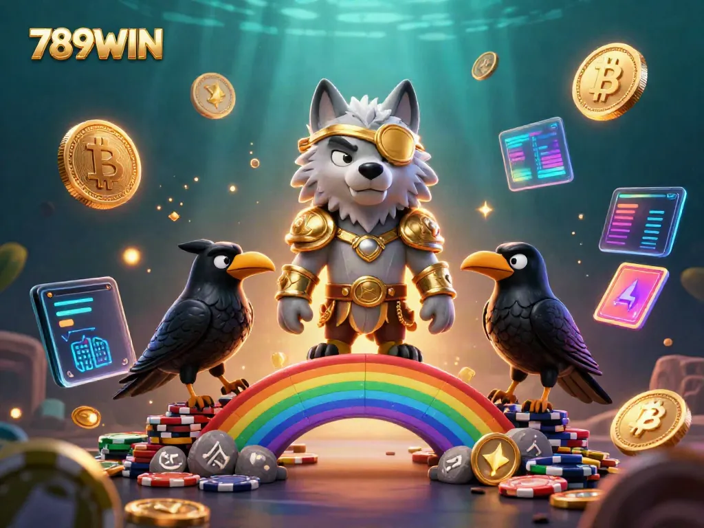 Immerse in the 789WIN experience with a vibrant scene of mythology-inspired characters amid casino symbols and crypto elements.