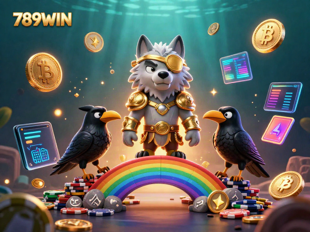 Immerse in the 789WIN experience with a vibrant scene of mythology-inspired characters amid casino symbols and crypto elements.
