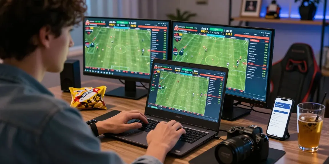 Aktivitas judi bola online dengan laptop dan smartphone di lingkungan nyaman.