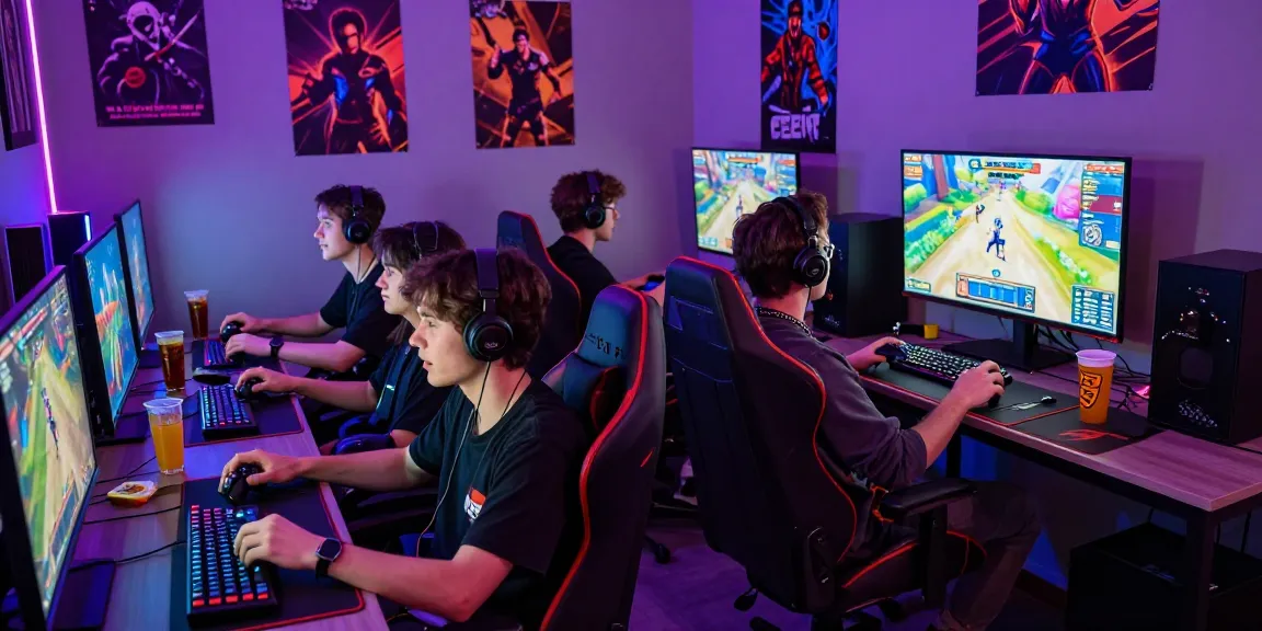 Friends enjoying iwin multiplayer gaming session with vibrant atmosphere and neon lights