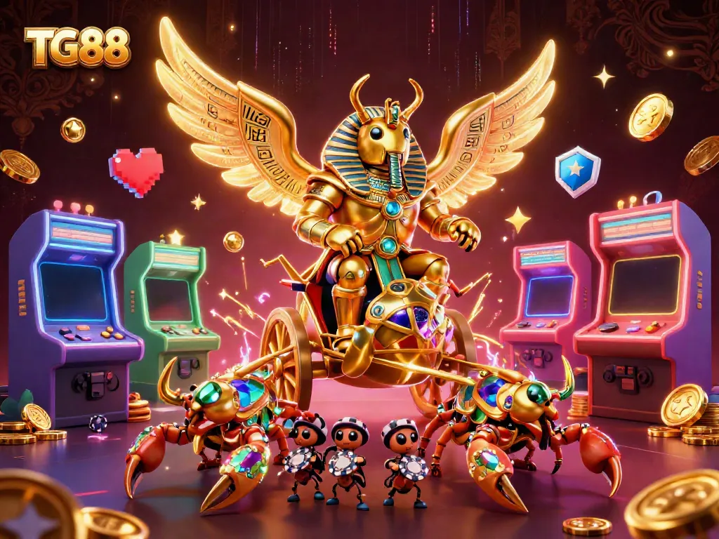 TG88 offers a vibrant gaming experience with a golden scarab beetle chariot surrounded by arcade machines.
