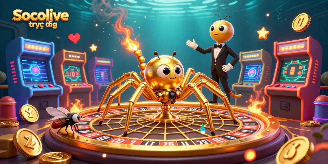 Socolive trực tiếp brings excitement as a fly nervously bets in a vibrant, casino-themed 3D scene.