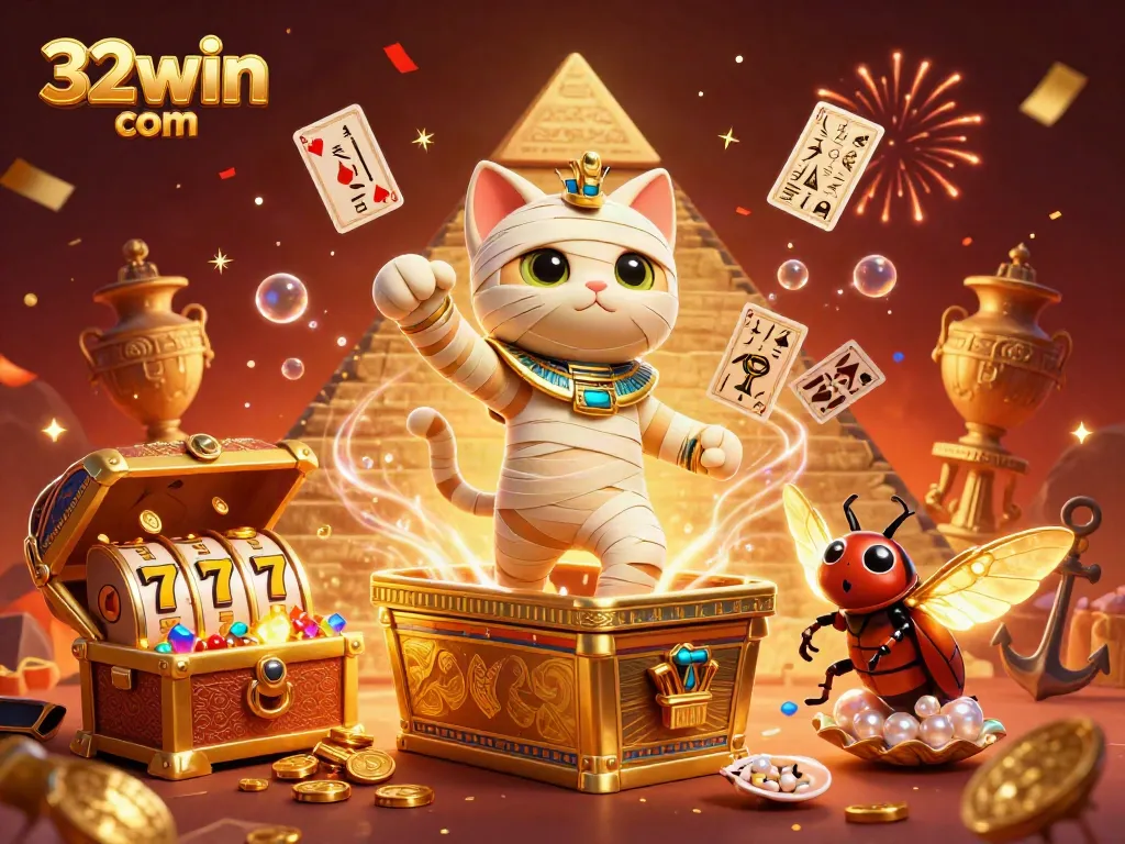 Engage with 32win com's vibrant casino scene featuring a mummy cat and treasures.