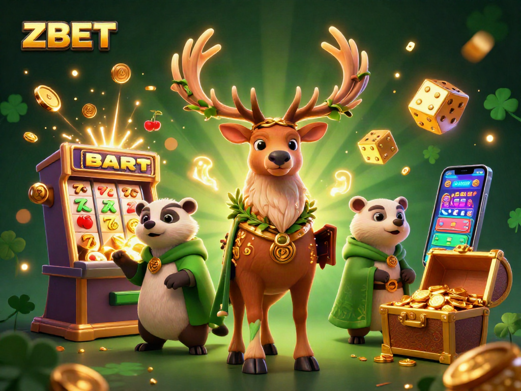 ZBET features a lively illustration of a Celtic stag, badger, and slot machine amidst dazzling casino elements.